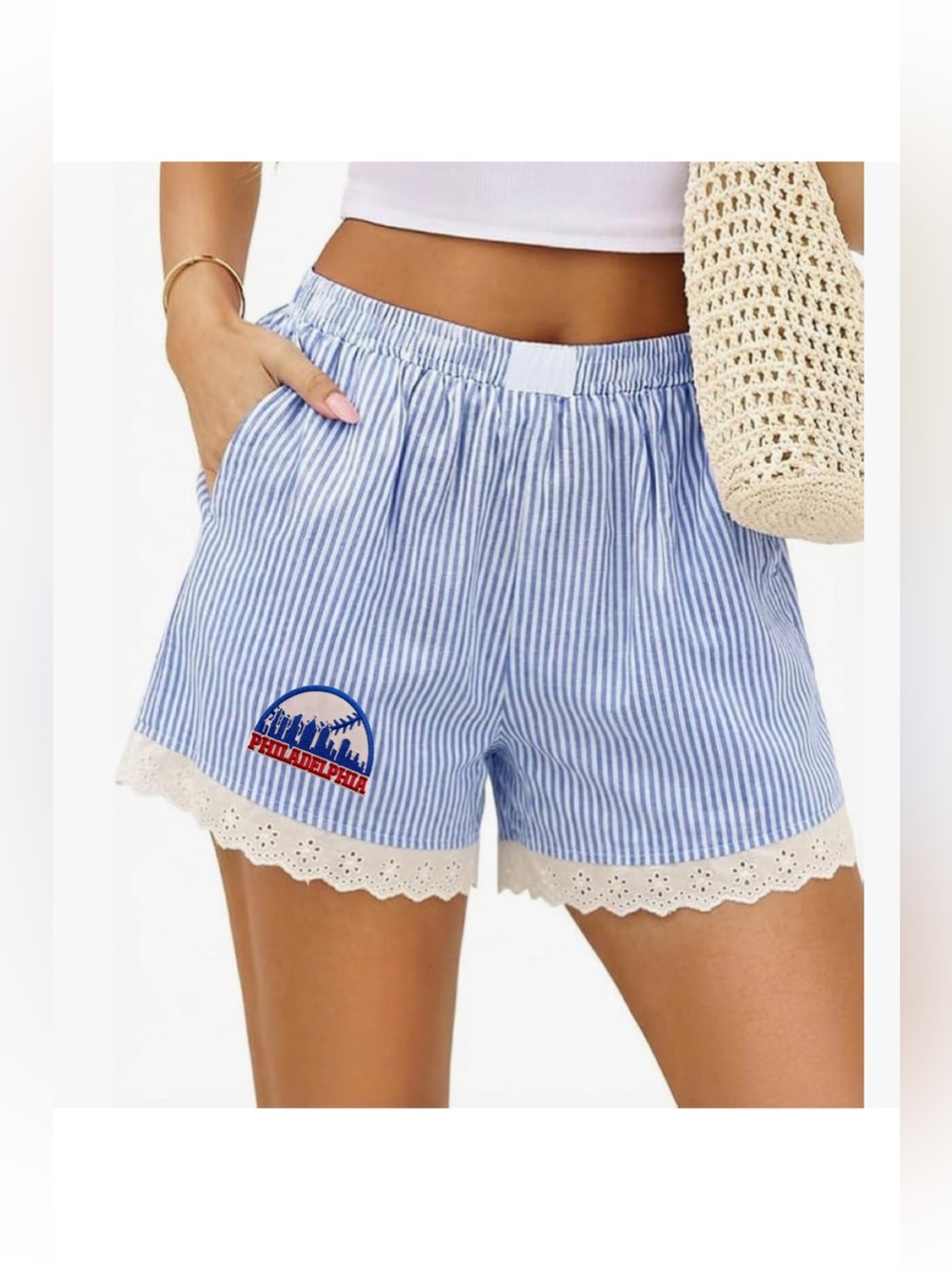 Phillies Blue Striped Women's Shorts with Lace Trim